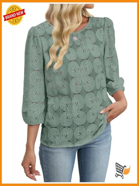 Lace Eyelet Blouse 3/4 Sleeve Bohemian Top Lightweight Summer T-Shirt - Picture 4 of 5